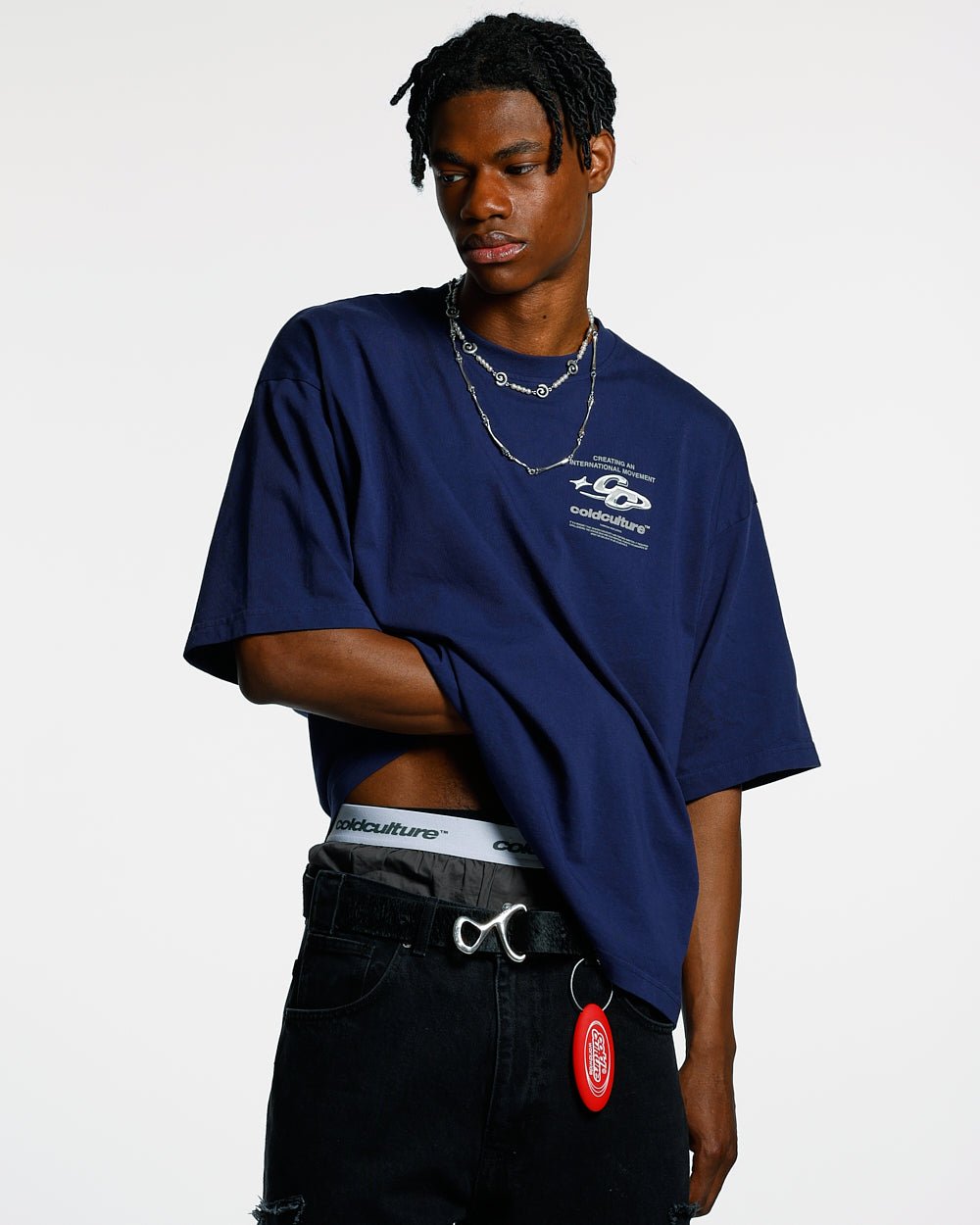 SPARKLY TEE COSMIC BLUE - navy blue graphic print tee, front view on male model - Cold Culture #man