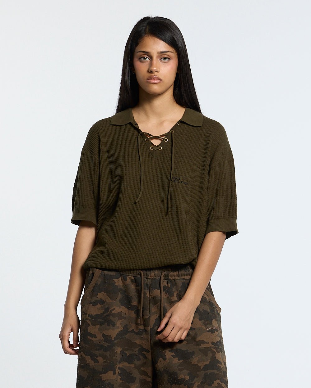 SPARROW KNIT POLO GREEN - olive green knit polo shirt, front view on female model - Cold Culture #woman