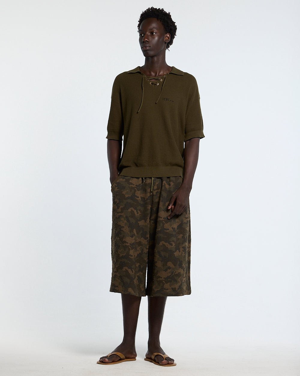 SPARROW KNIT POLO GREEN - olive green knit polo shirt, front view on male model - Cold Culture #man