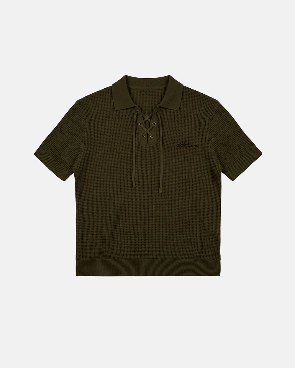SPARROW KNIT POLO GREEN - olive green knit polo shirt, front view - Cold Culture #packshot