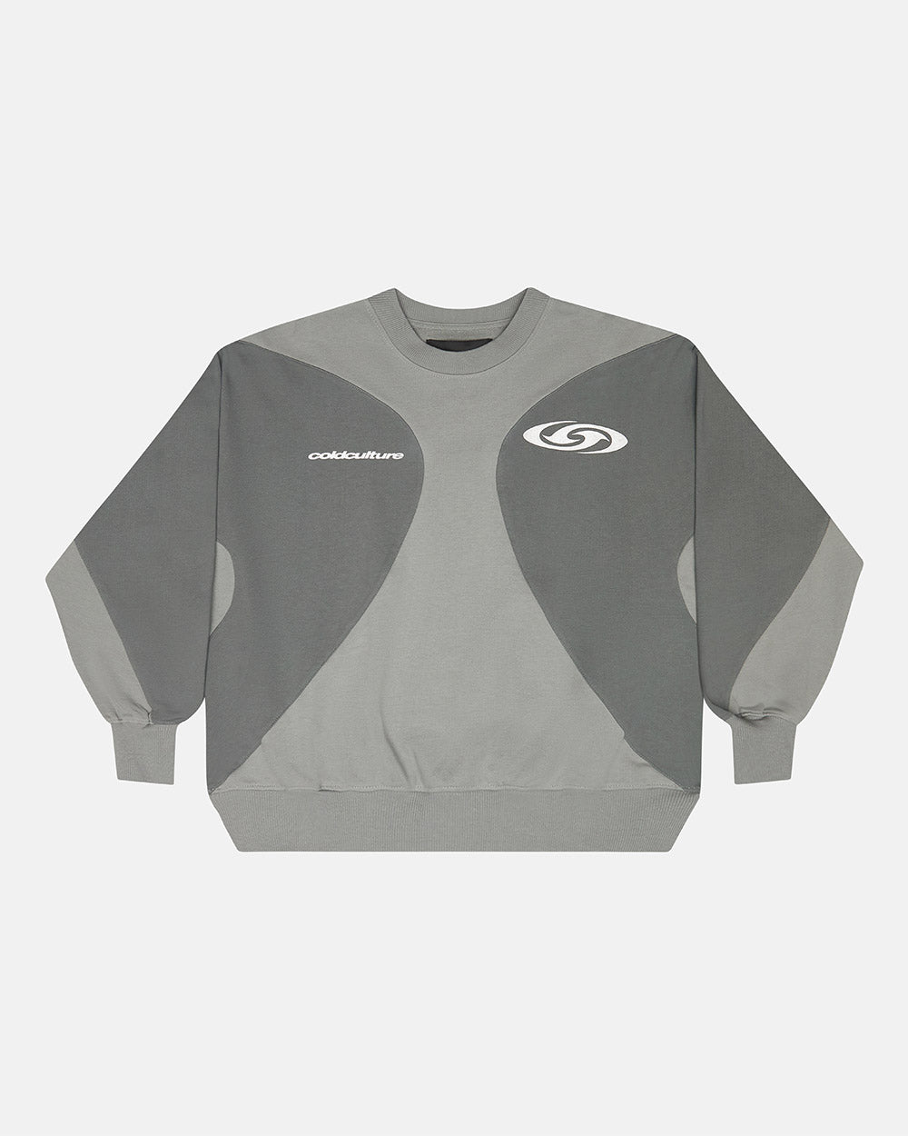 SPEED & SHINE CREWNECK GREY - grey two-tone crewneck sweatshirt, front view - Cold Culture #packshot