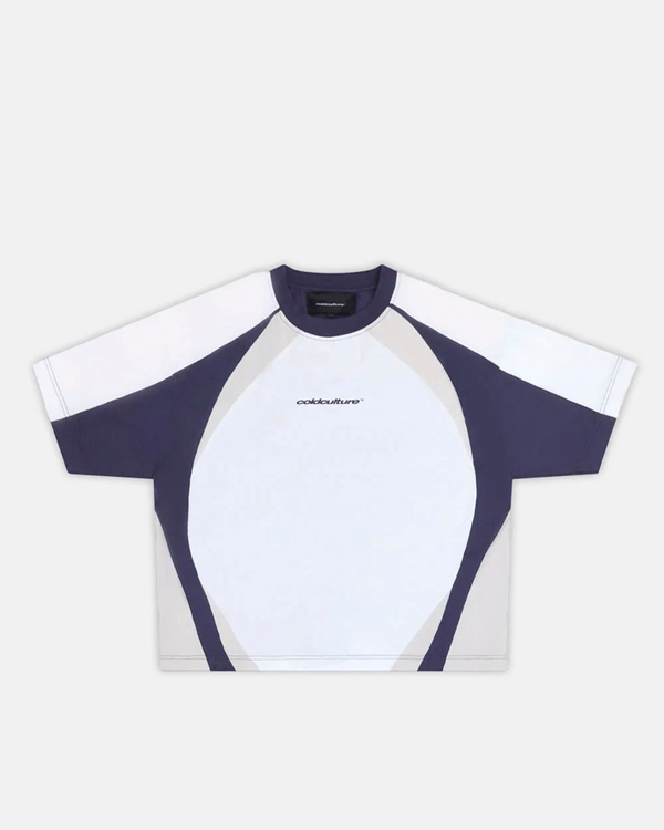 SPEED SPOKE TEE BLUE - navy and white panelled tee, front view - Cold Culture #packshot