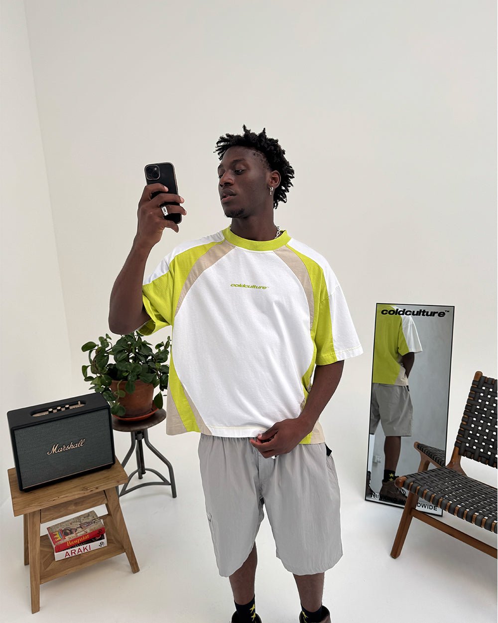SPEED SPOKE TEE GREEN & GREY - green and white panelled tee, street style shot - Cold Culture