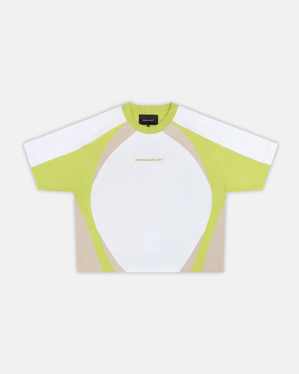 SPEED SPOKE TEE GREEN & GREY - green and white panelled tee, front view - Cold Culture #packshot