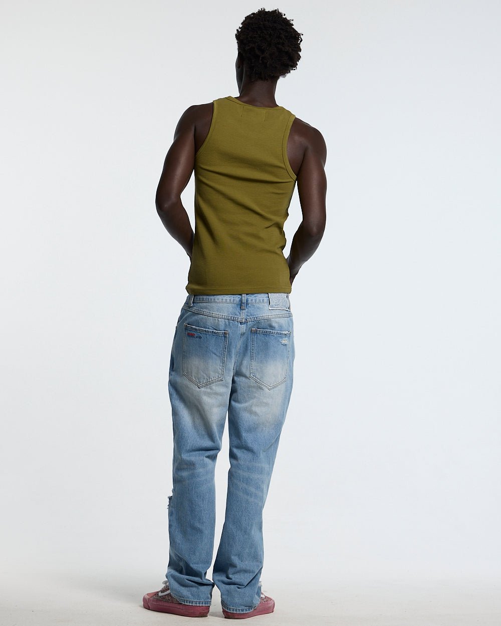 SPEED WAFFLE TANK TOP GREEN - olive green graphic tank top, back view on male model - Cold Culture #man