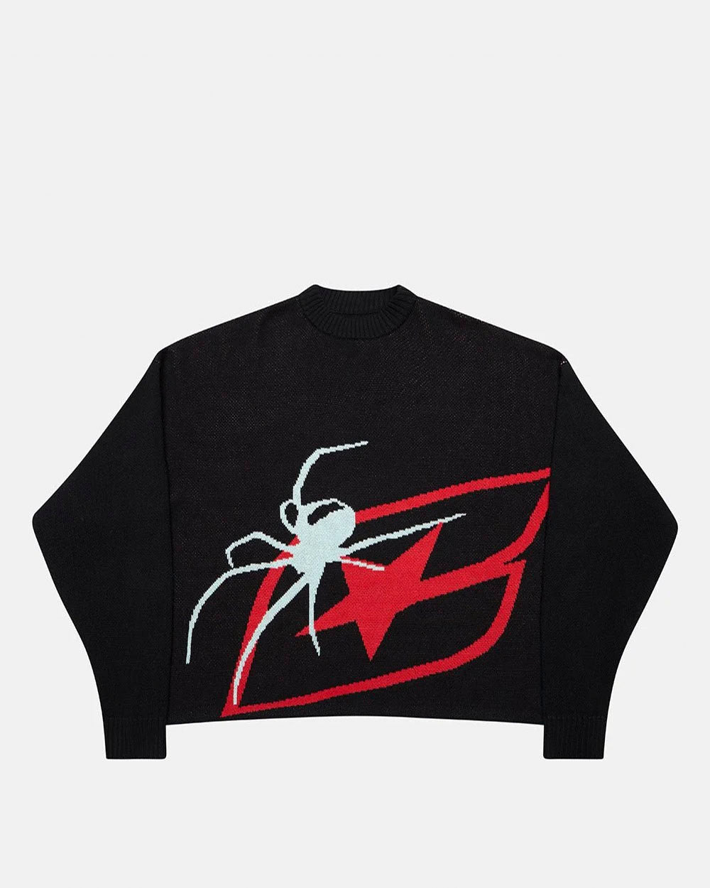 SPIDER KNIT BLACK - black spider print knit sweater, front view - Cold Culture #packshot