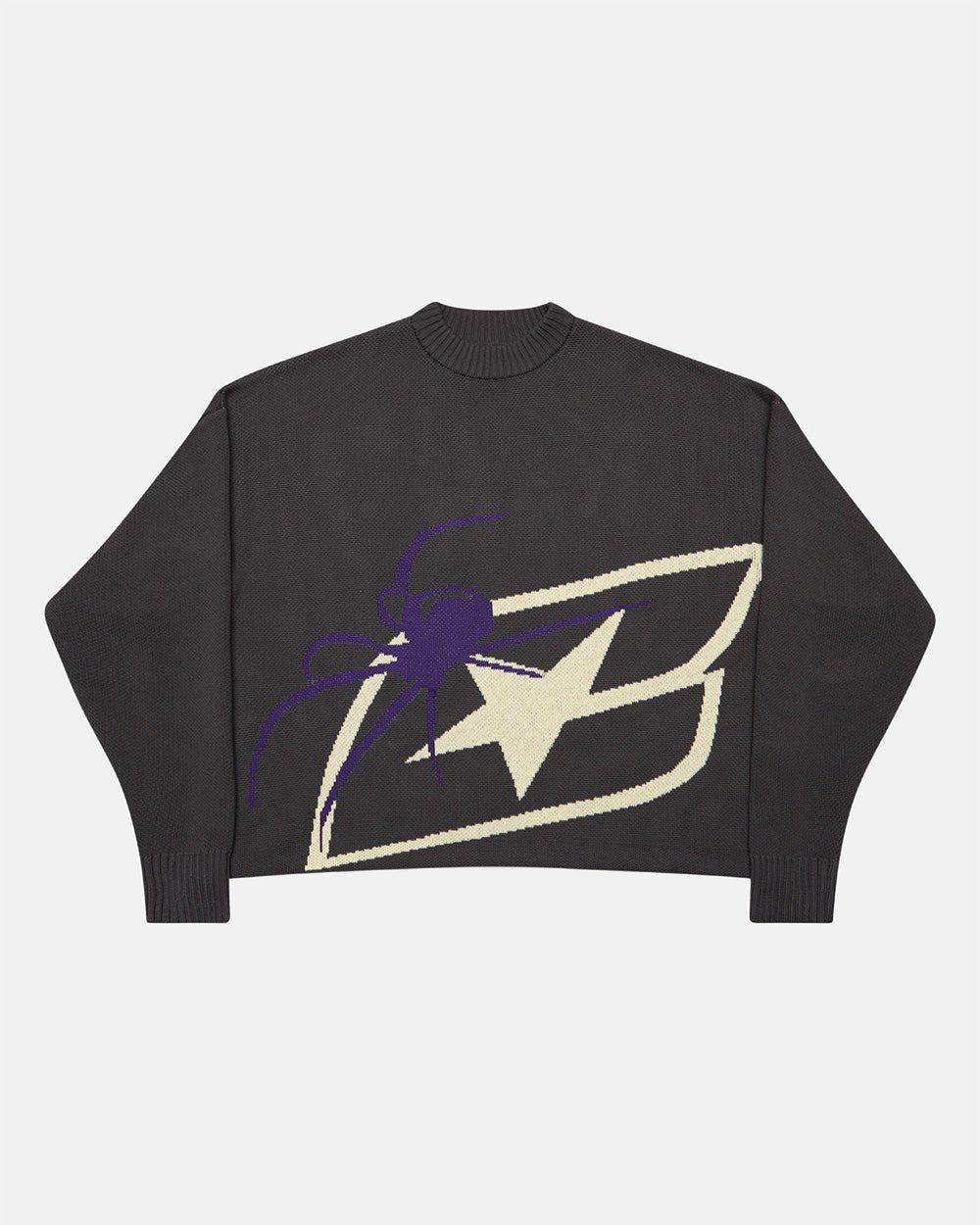 SPIDER KNIT GREY - grey spider print knit sweater, front view - Cold Culture #packshot