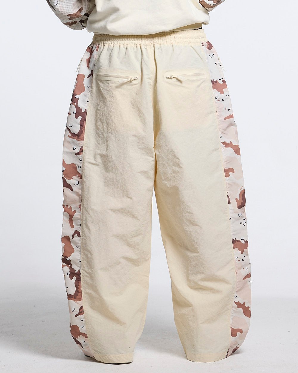 SPIDER PANTS BEIGE & CAMO - beige camo panel sweatpants, worn detail - Cold Culture