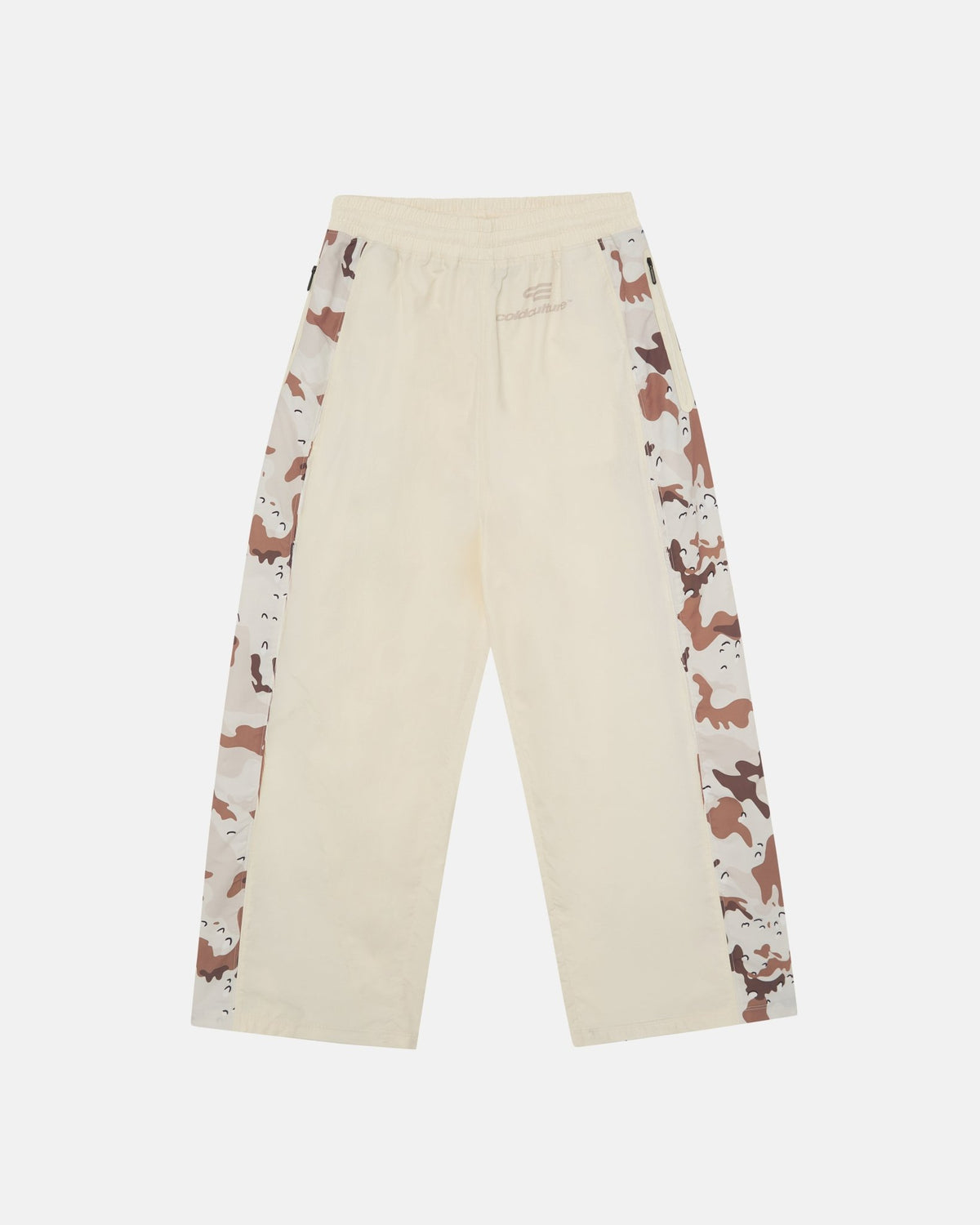 SPIDER PANTS BEIGE & CAMO - beige camo panel sweatpants, front view - Cold Culture #packshot