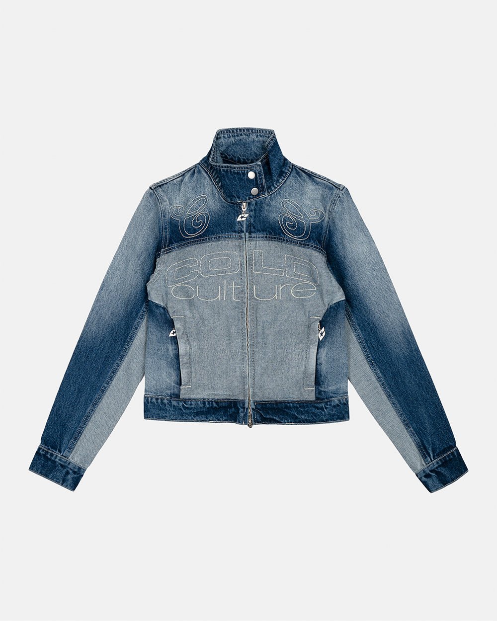 SPLIT ZIP JACKET BLUE - blue denim zip jacket, front view - Cold Culture #packshot