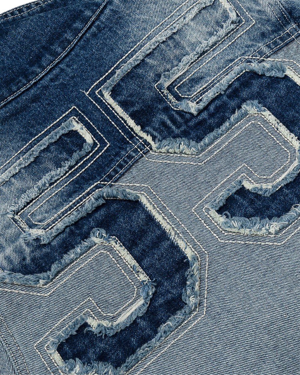 SPLIT ZIP JACKET BLUE - blue denim zip jacket, detail close-up - Cold Culture