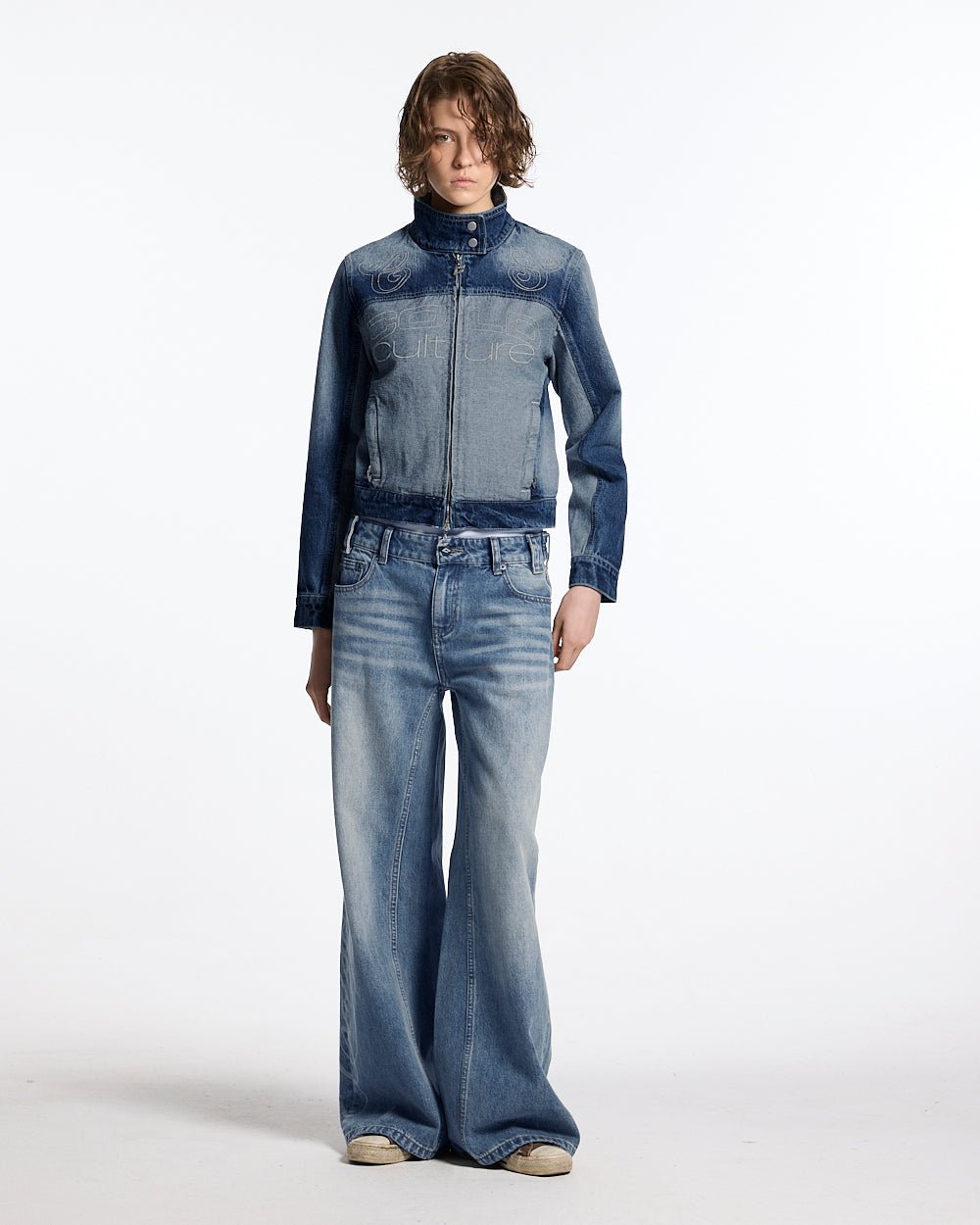 SPLIT ZIP JACKET BLUE - blue denim zip jacket, front view on female model - Cold Culture #woman