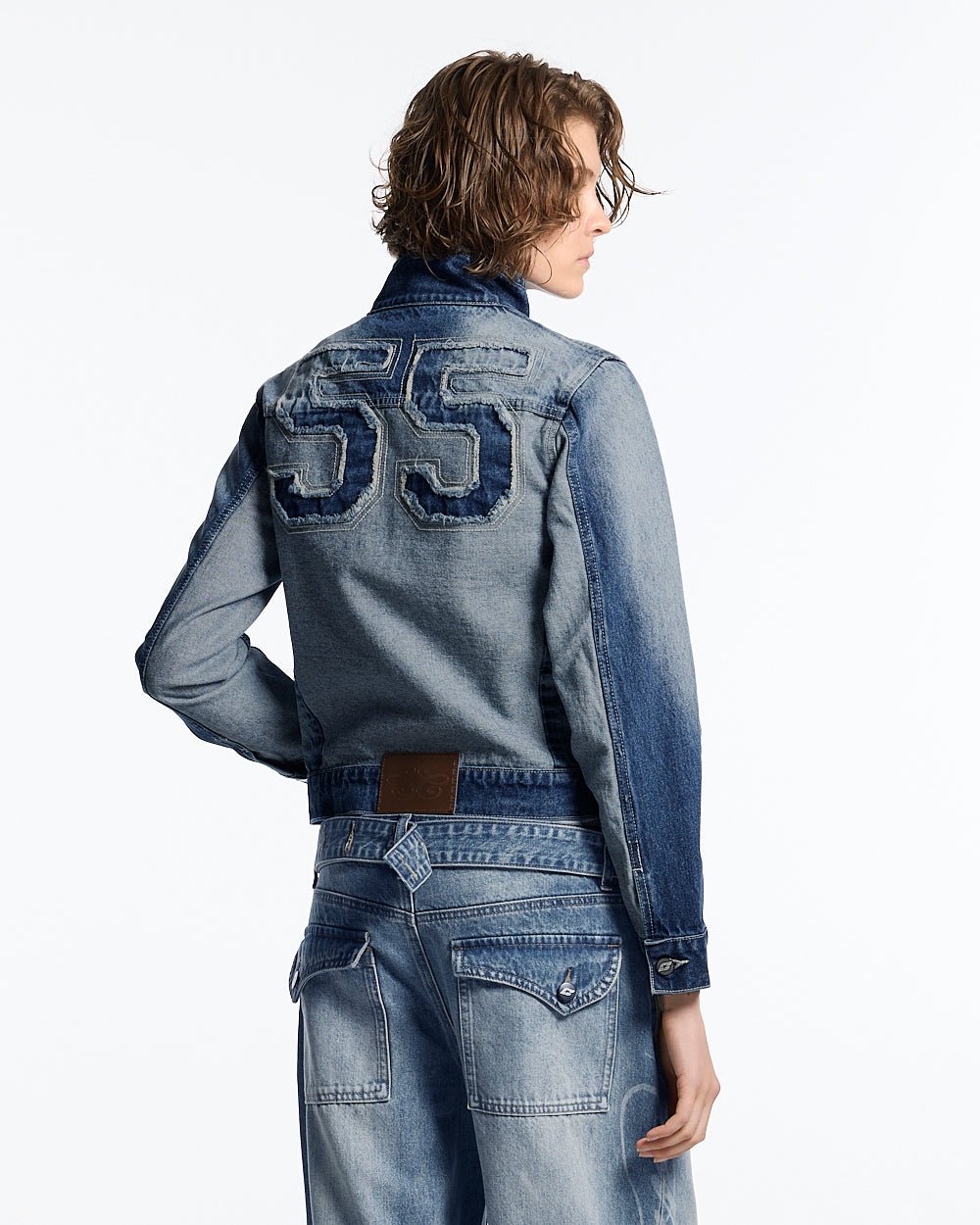 SPLIT ZIP JACKET BLUE - blue denim zip jacket, back view on female model - Cold Culture #woman