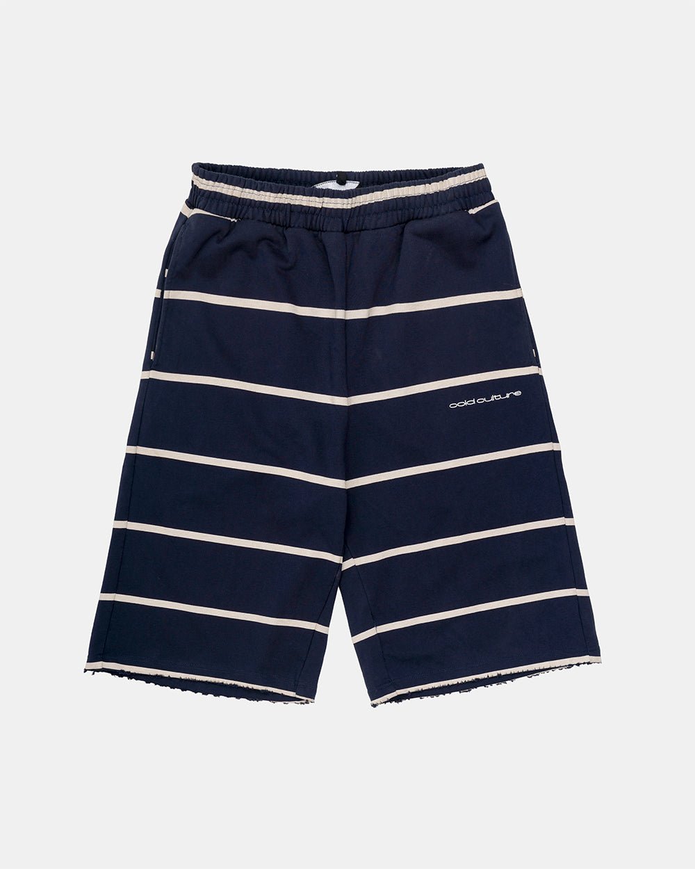 STALLION SHORT SWEATPANTS NAVY - navy striped sweat shorts, front view - Cold Culture #packshot