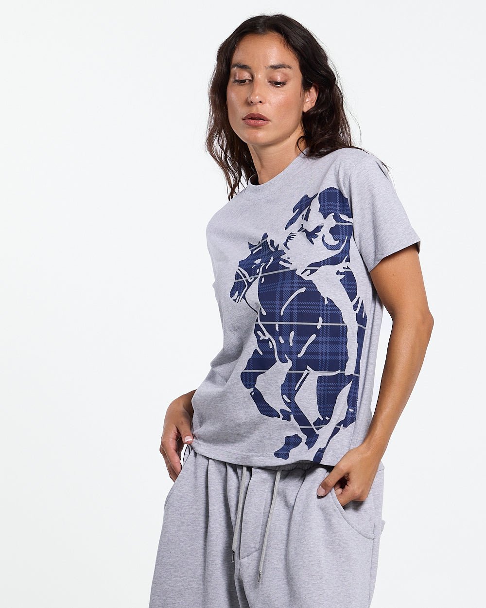 STALLION TEE HEATHER GREY - heather grey graphic print tee, front view on female model - Cold Culture #woman