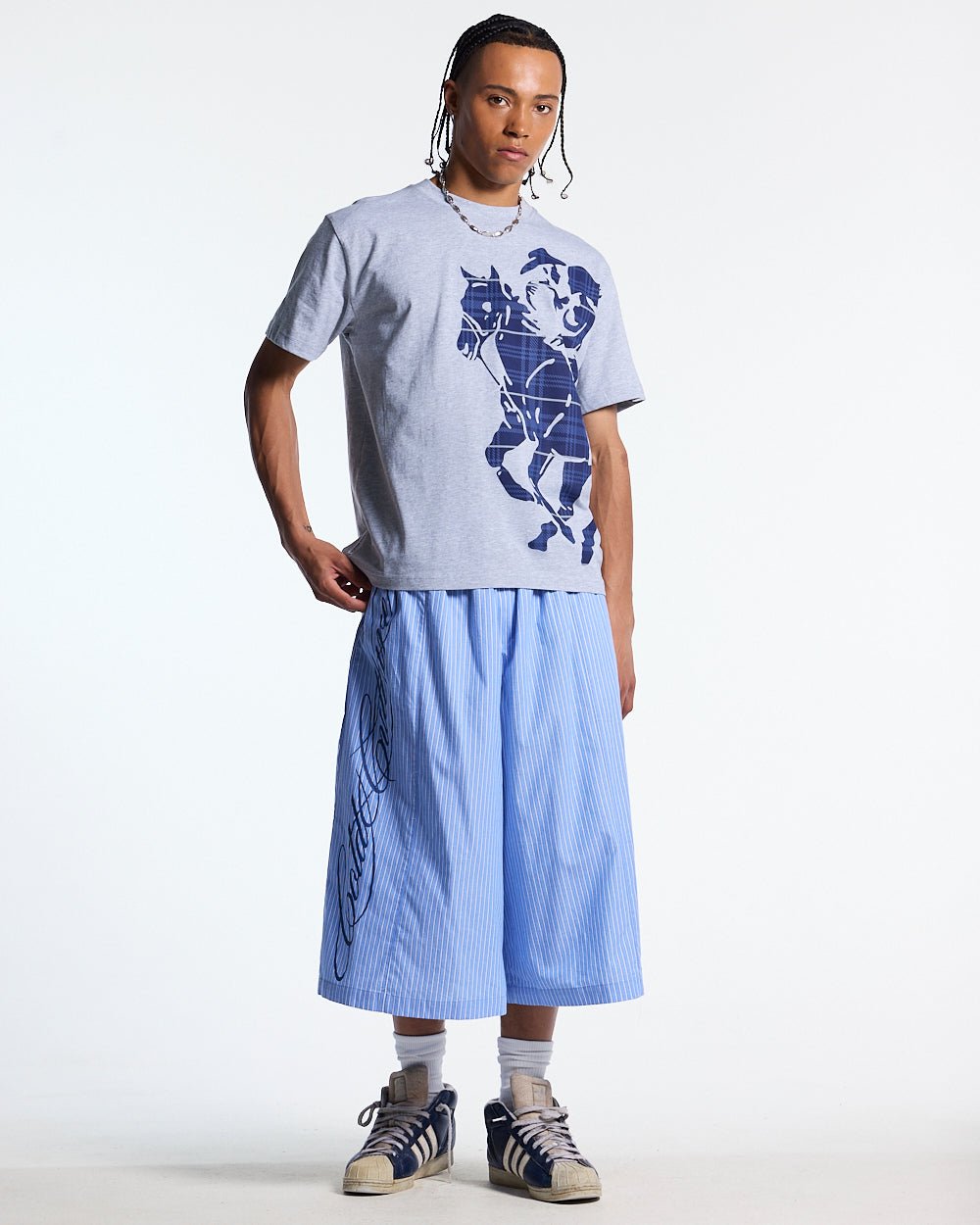 STALLION TEE HEATHER GREY - heather grey graphic print tee, front view on male model - Cold Culture #man