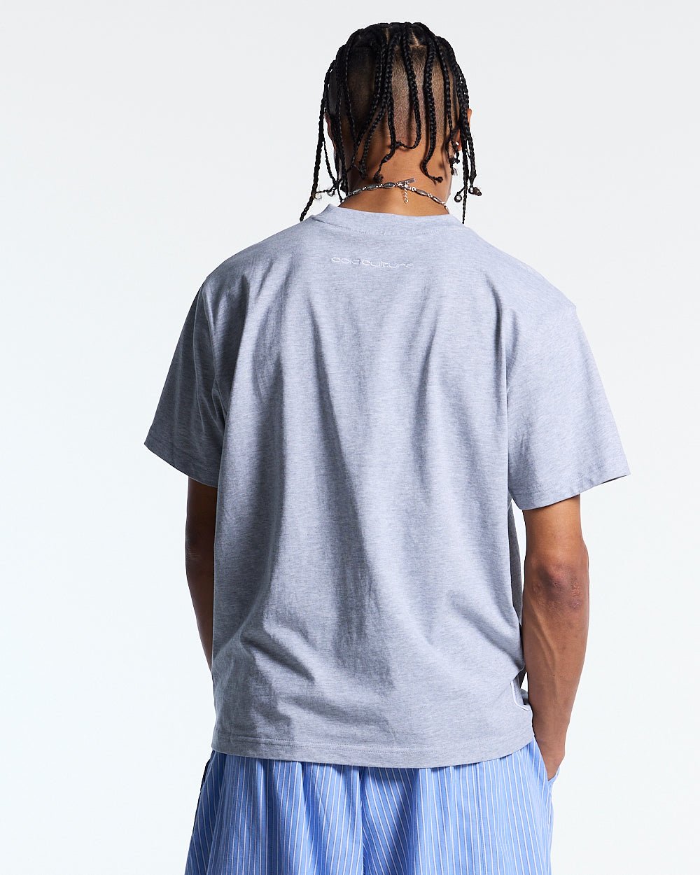 STALLION TEE HEATHER GREY - heather grey graphic print tee, back view on male model - Cold Culture #man