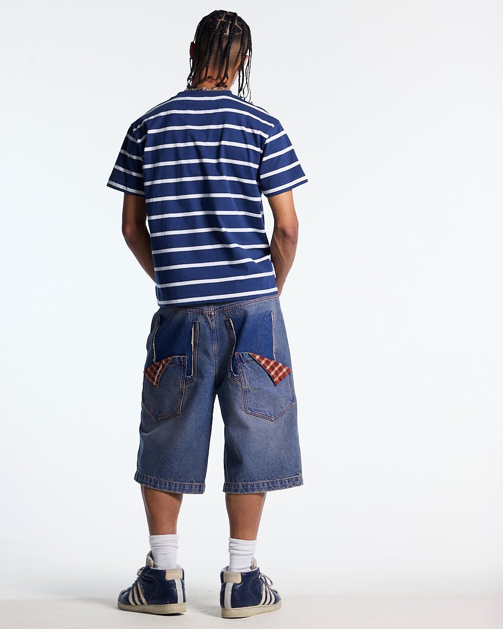 STALLION TEE NAVY - navy striped tee, back view on male model - Cold Culture #man