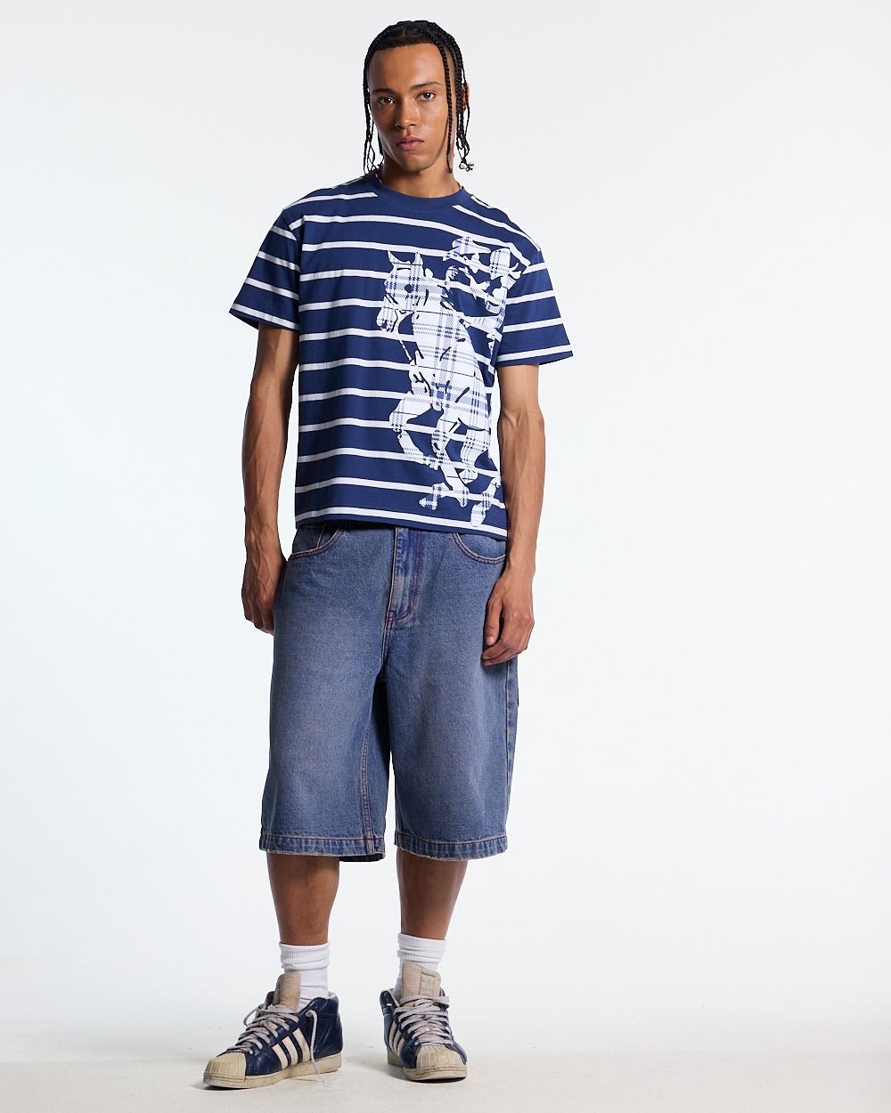 STALLION TEE NAVY - navy striped tee, front view on male model - Cold Culture #man