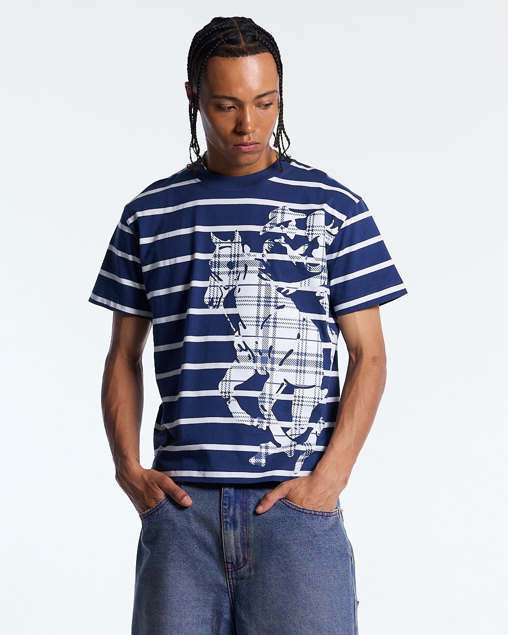 STALLION TEE NAVY - navy striped tee, front view on male model - Cold Culture #man