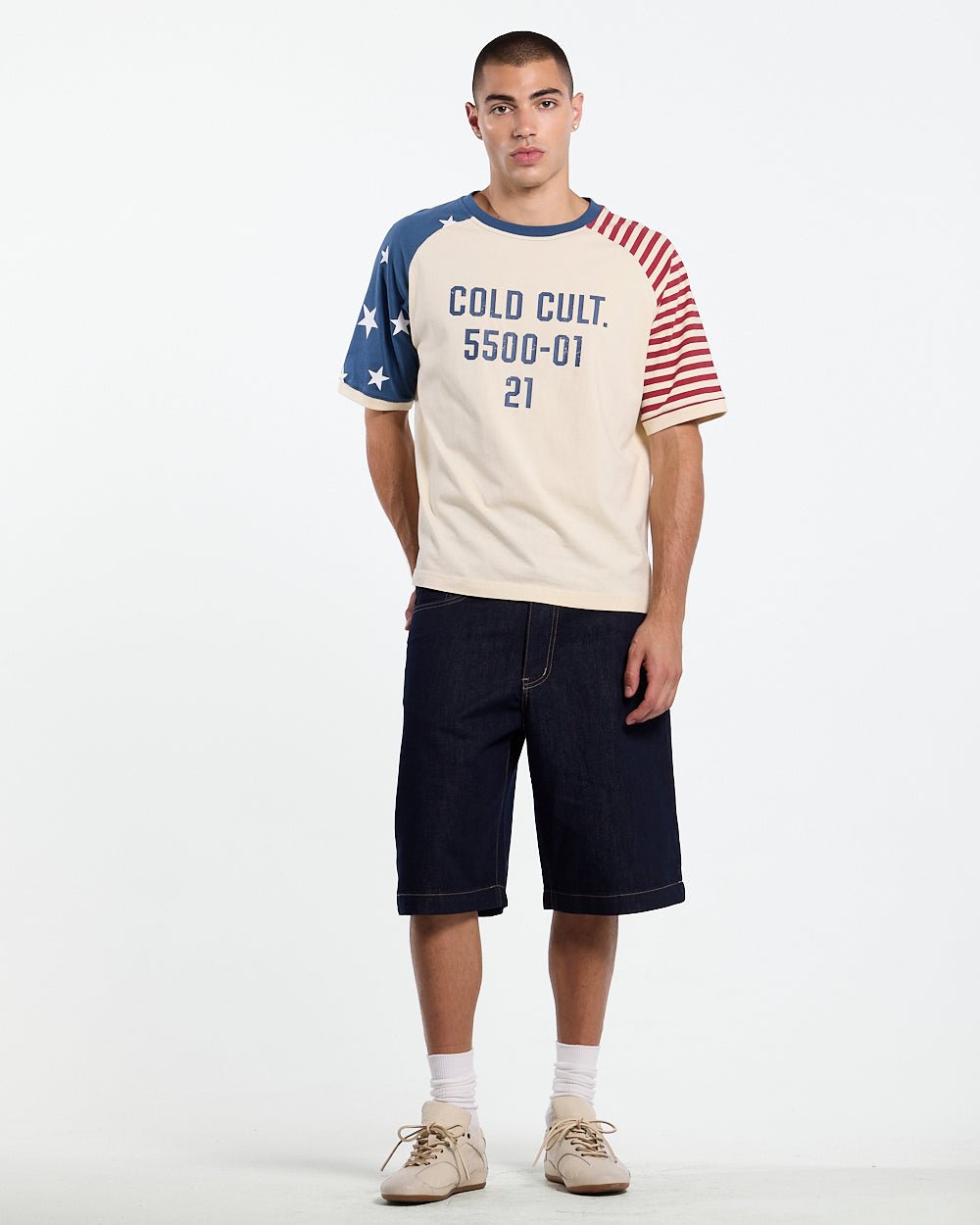 STARRY NIGHT TEE WHITE - white american flag tee, front view on male model - Cold Culture #man