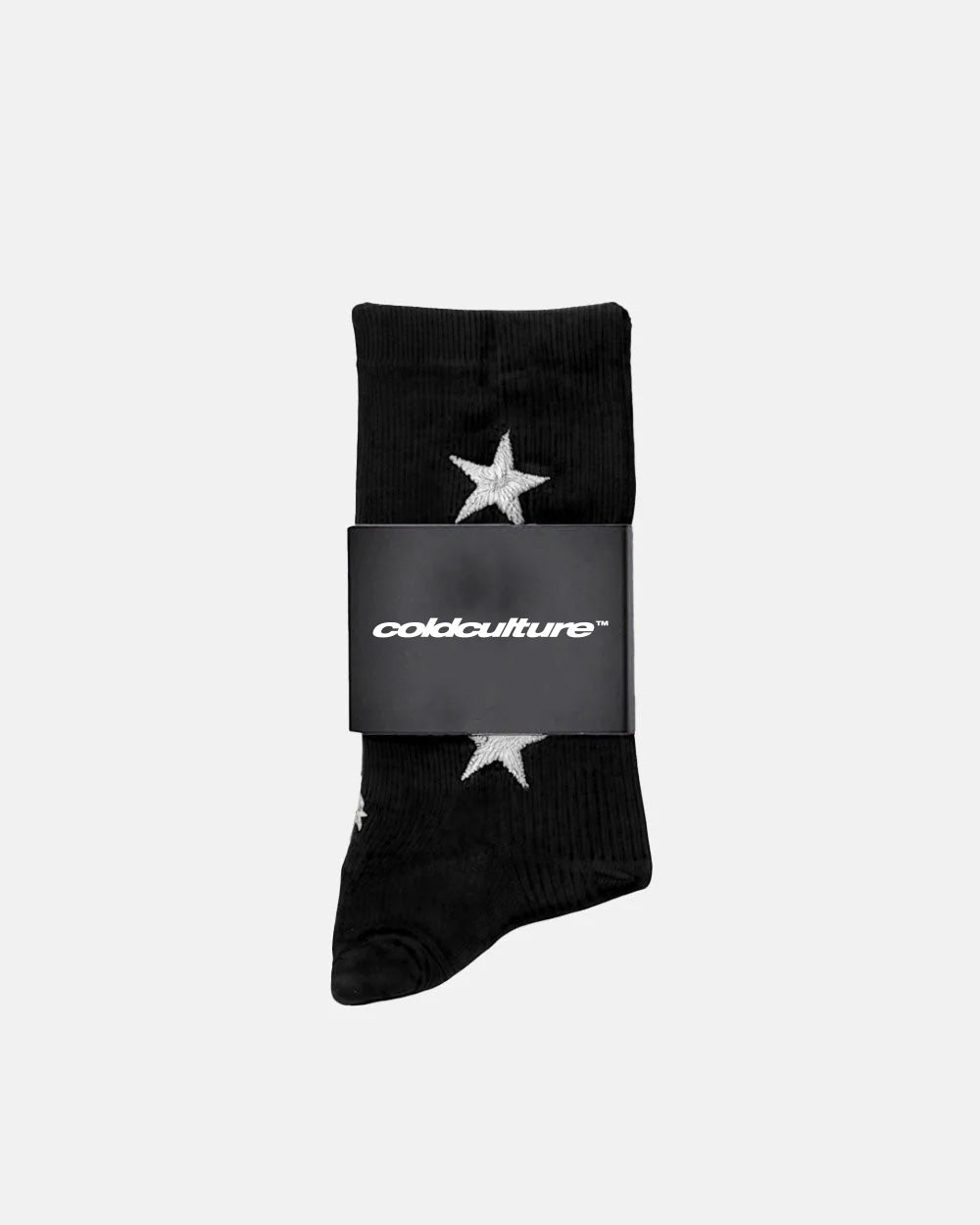 STARRY SOCKS BLACK - black star print socks, flat lay - Cold Culture #packshot