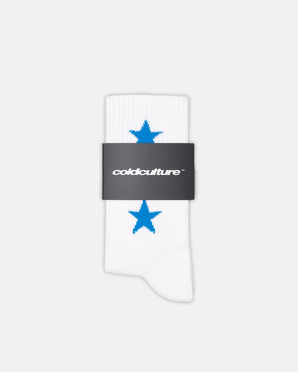 STARRY SOCKS BLUE/WHITE - white star print crew socks, flat lay - Cold Culture #packshot