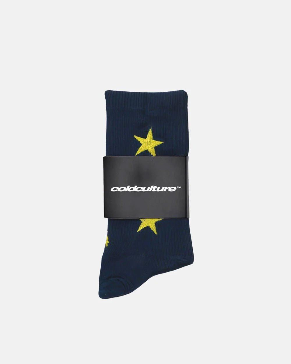 STARRY SOCKS DARK NAVY - navy blue star print socks, flat lay - Cold Culture #packshot