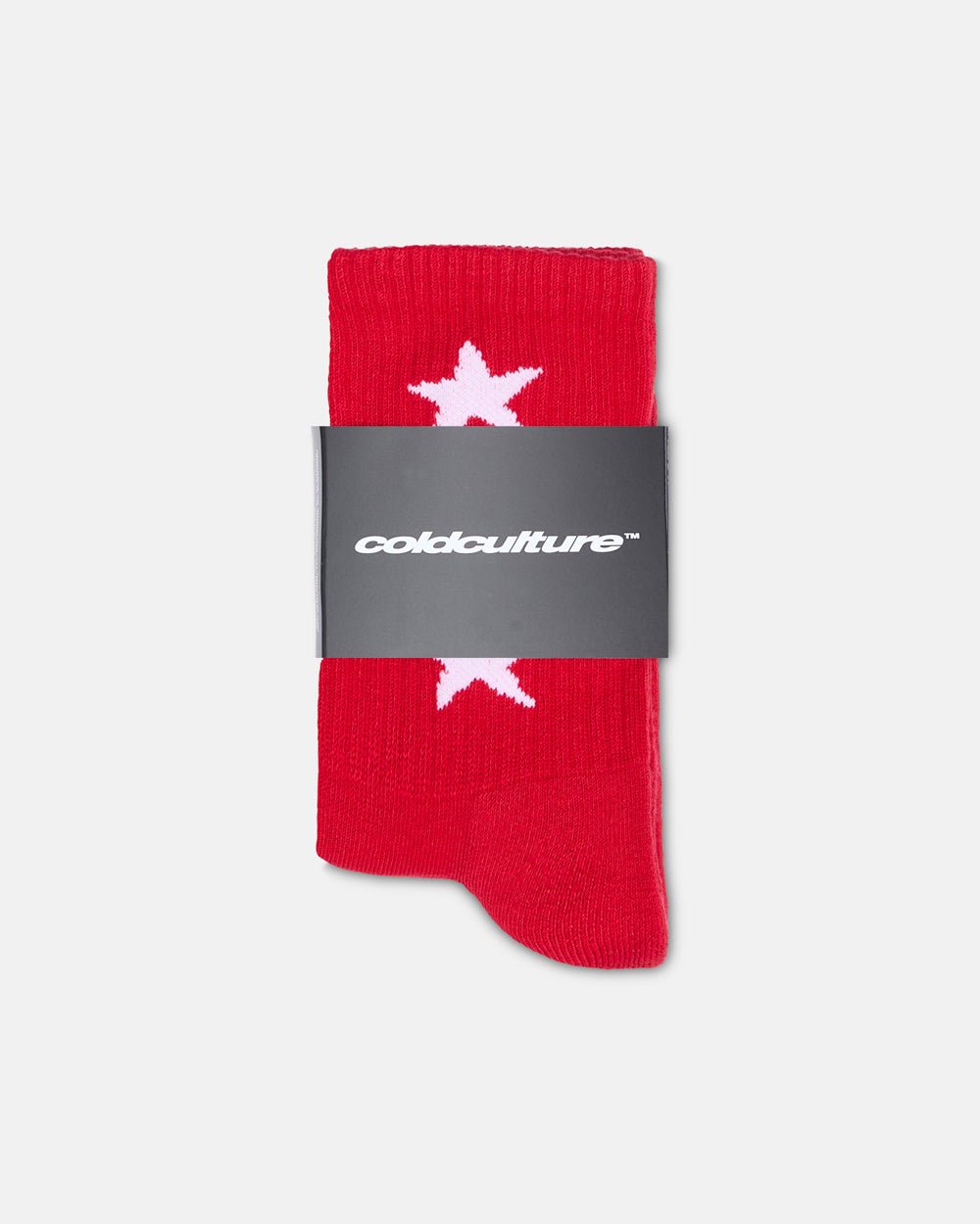 STARRY SOCKS FULL RED - red star print crew socks, flat lay - Cold Culture #packshot