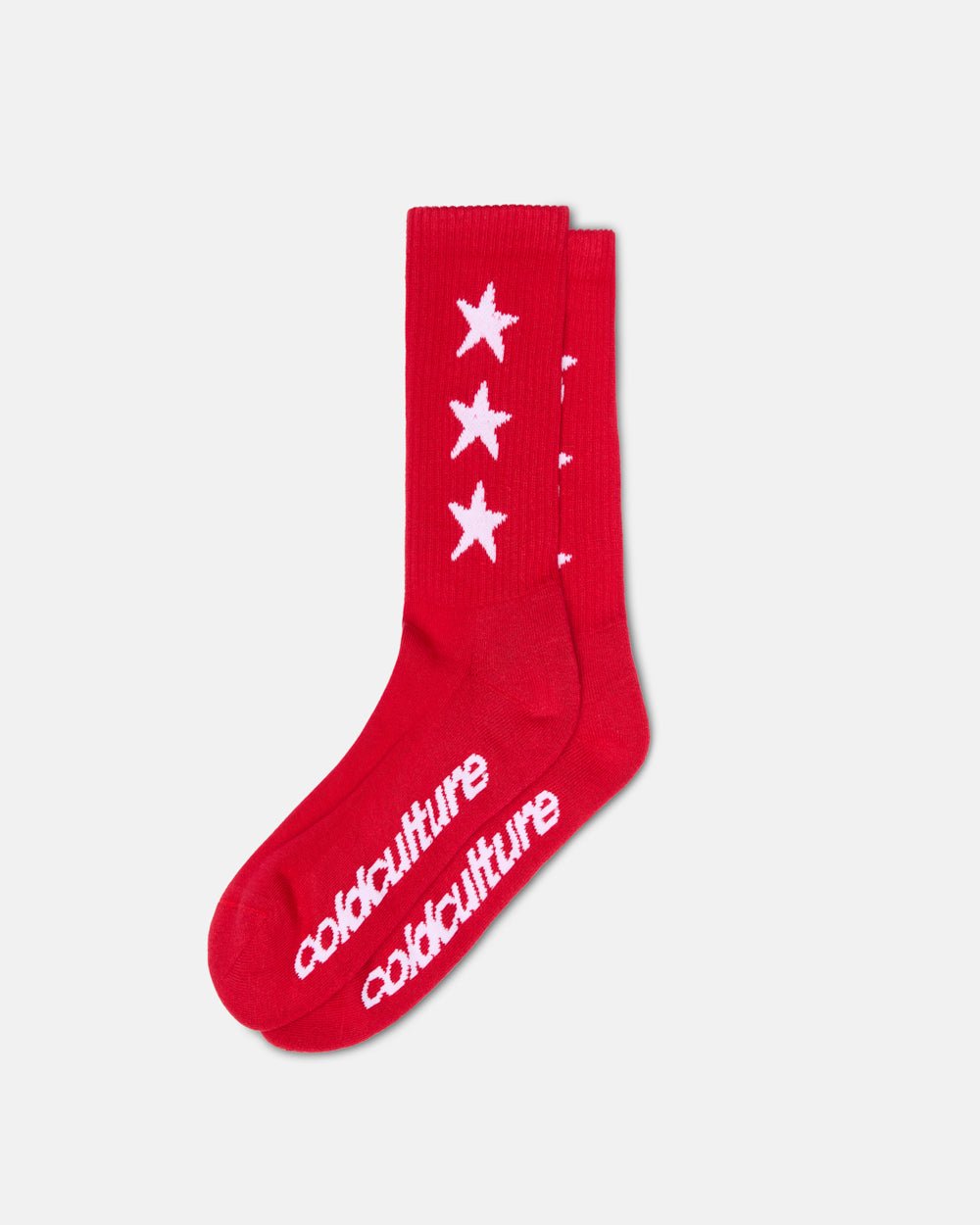 STARRY SOCKS FULL RED - red star print crew socks, flat lay - Cold Culture #packshot