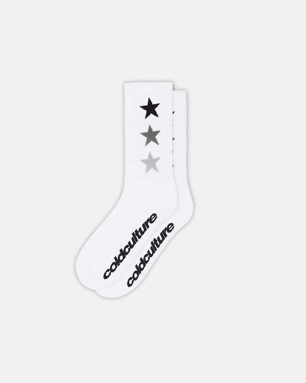 STARRY SOCKS GREY SCALE - white star print crew socks, flat lay - Cold Culture #packshot