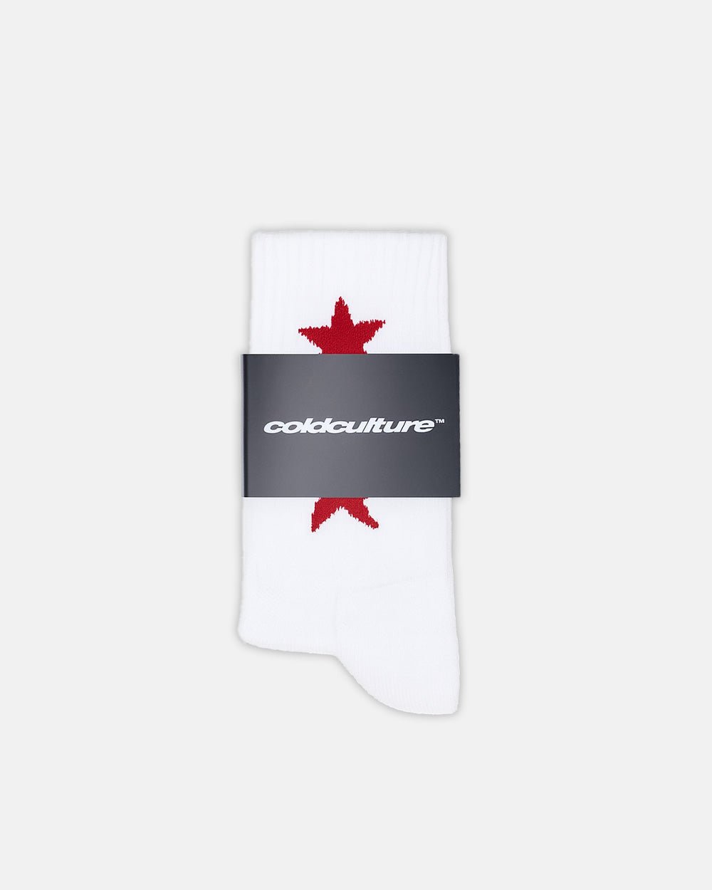 STARRY SOCKS RED/WHITE - white star print crew socks, flat lay - Cold Culture #packshot