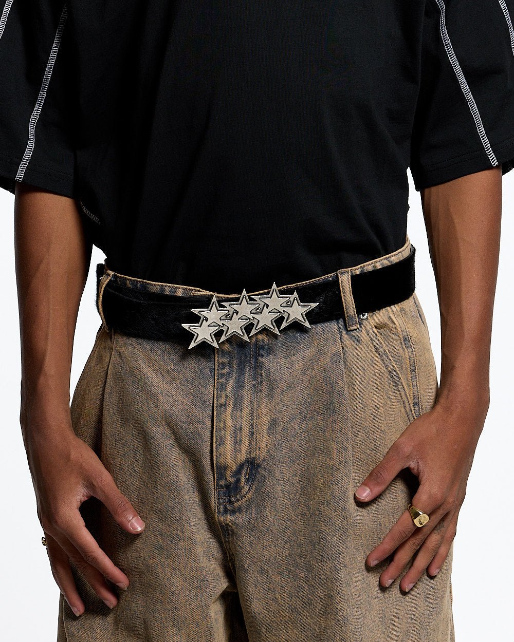 STARS LEATHER BELT FUR LINED - black fur-lined leather belt, worn detail - Cold Culture