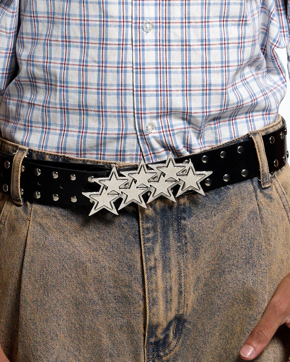 STARS LEATHER BELT RIVETS - black studded leather belt, worn detail - Cold Culture