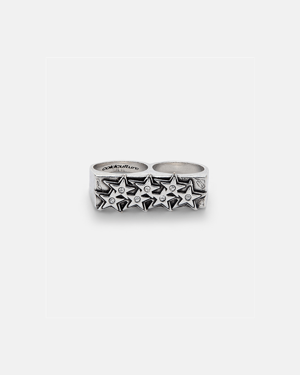 STARS BLING BLING DOUBLE RING - silver two finger star ring, front view - Cold Culture #packshot