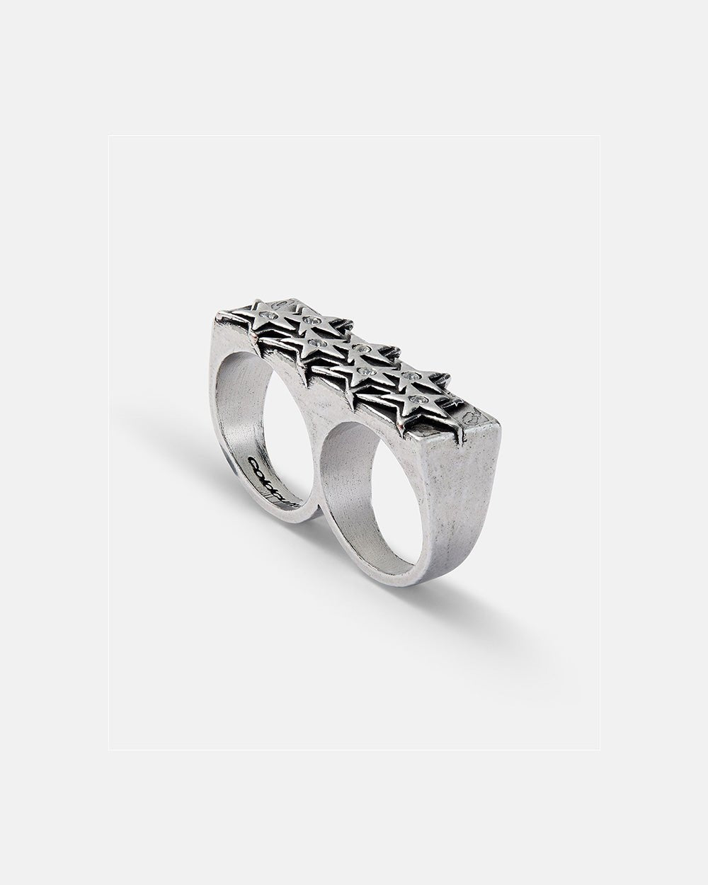STARS BLING BLING DOUBLE RING - silver two finger star ring, side view - Cold Culture #packshot
