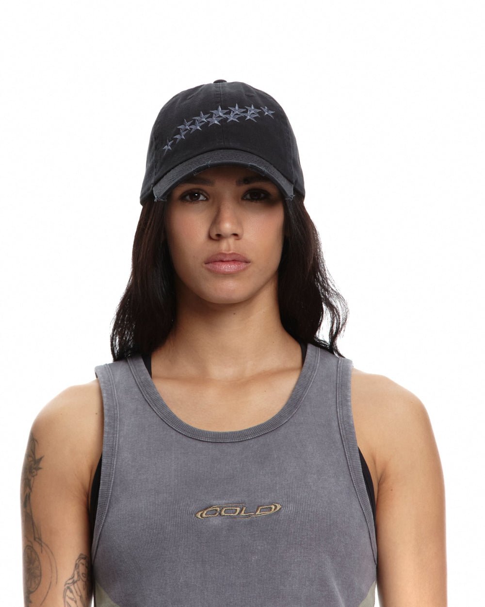 STARS CAP BLACK - black distressed cap, on model close-up - Cold Culture #woman