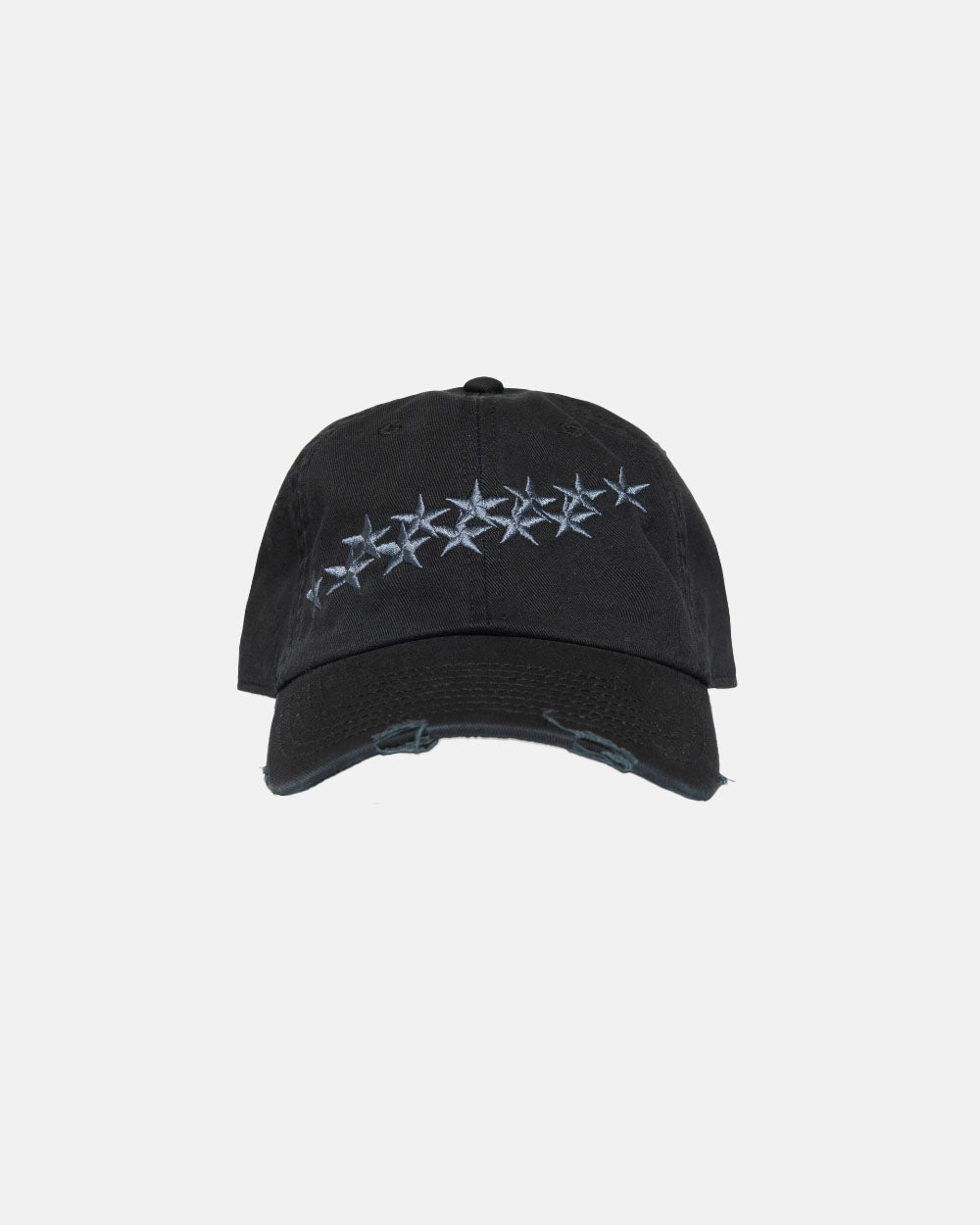 STARS CAP BLACK - black distressed cap, front view - Cold Culture #packshot