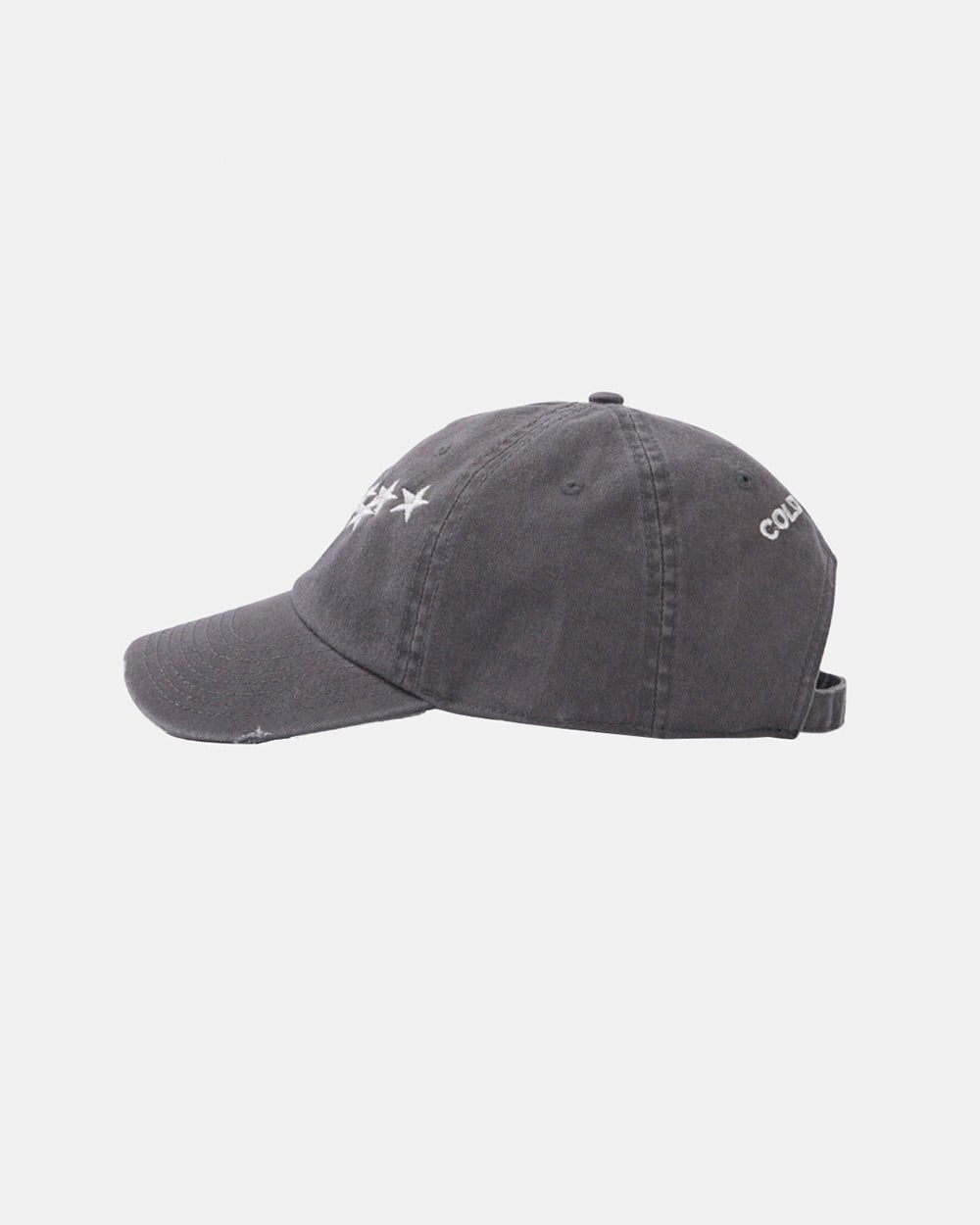 STARS CAP DARK GREY - dark grey distressed cap, side view - Cold Culture #packshot