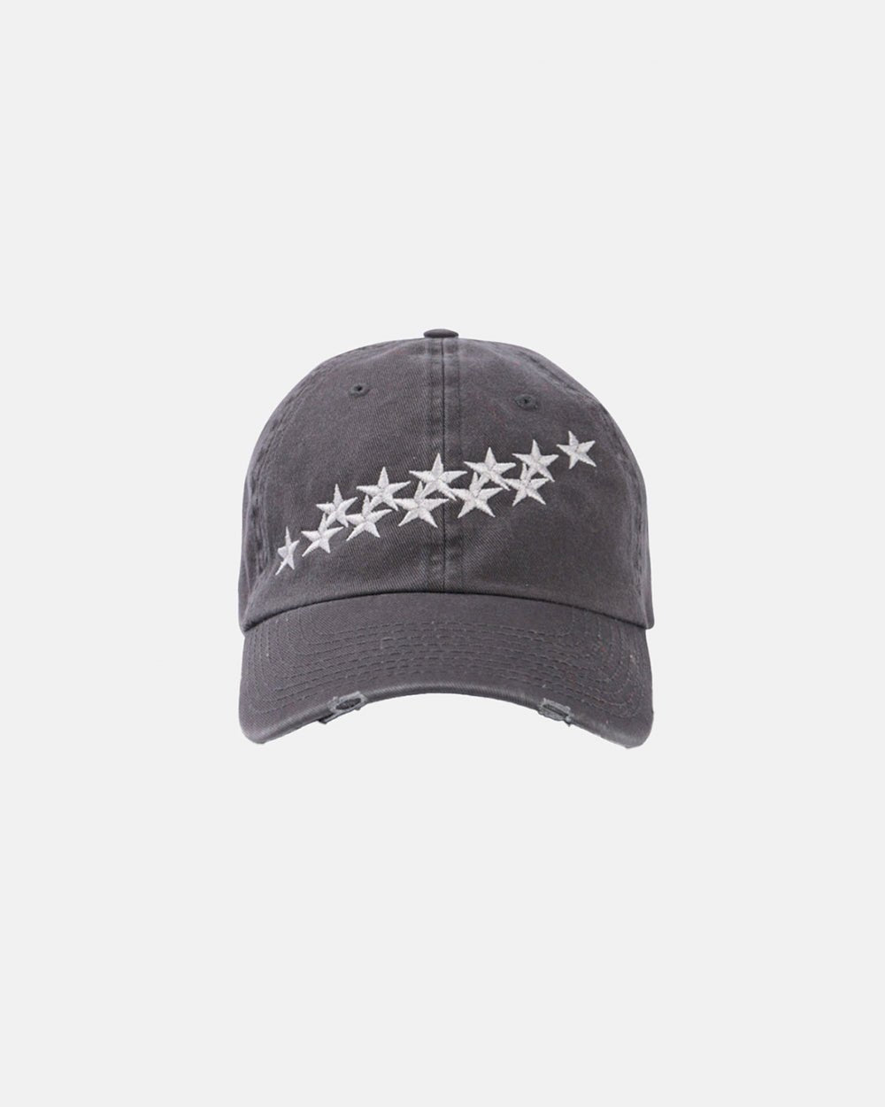 STARS CAP DARK GREY - dark grey distressed cap, front view - Cold Culture #packshot