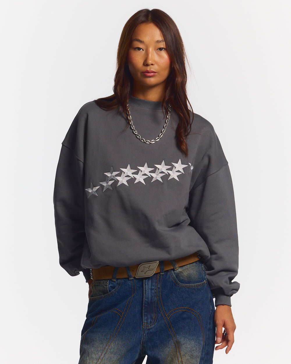 STARS CREWNECK DUST GREY - grey star print crewneck sweatshirt, front view on female model - Cold Culture #woman
