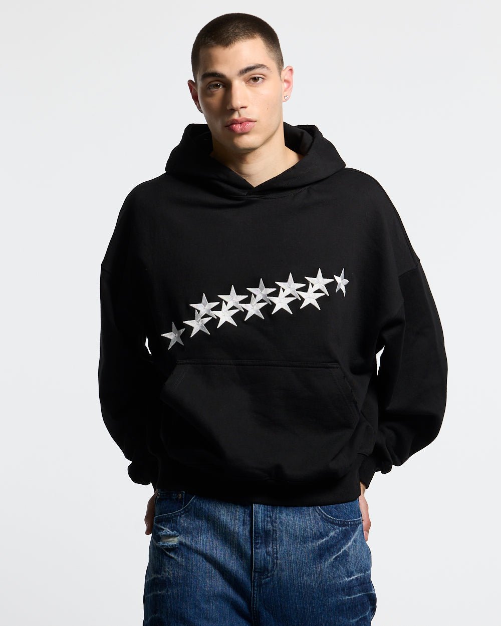 STARS HOODIE BLACK - black oversized hoodie, front view on male model - Cold Culture #man
