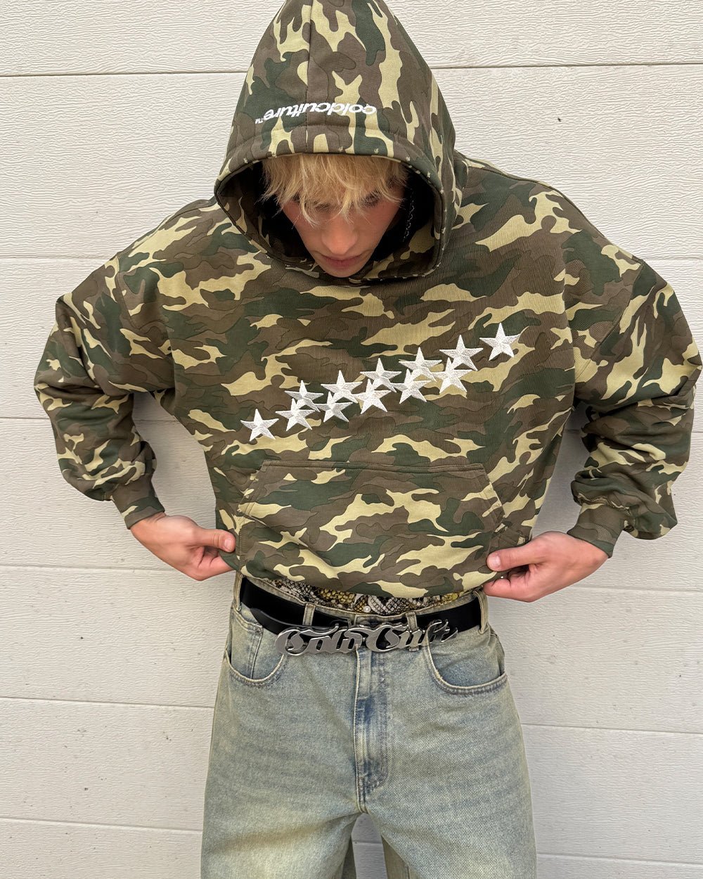 STARS HOODIE CAMO - camo hoodie with star print, front view on male model - Cold Culture #man