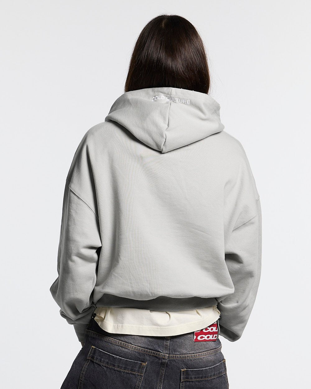 STARS HOODIE PALE GREY - pale grey star print hoodie, back view on female model - Cold Culture #woman