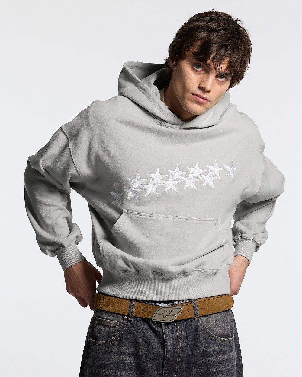STARS HOODIE PALE GREY - pale grey star print hoodie, front view on male model - Cold Culture #man