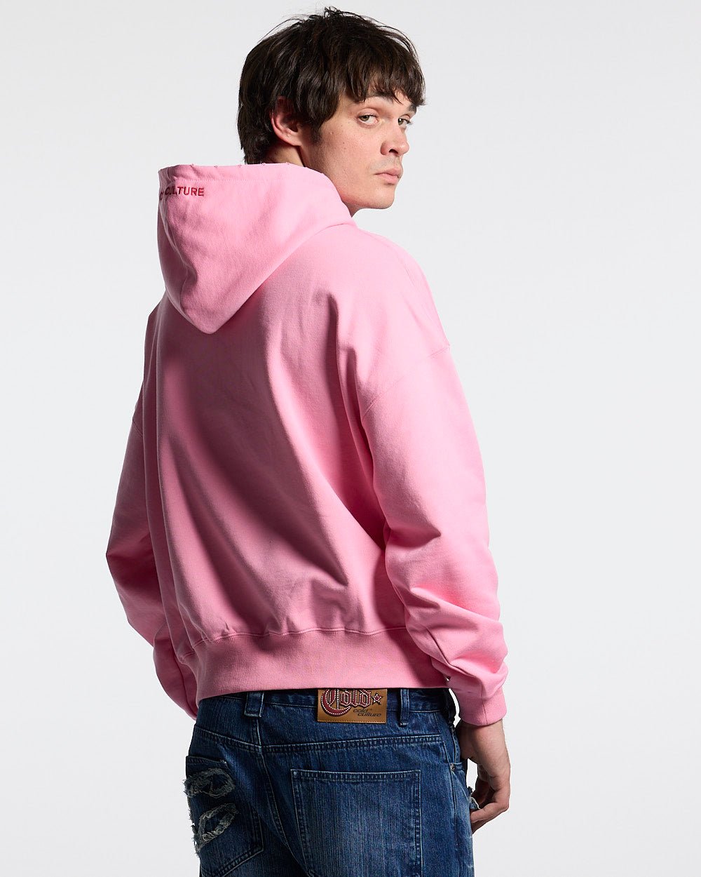STARS HOODIE PANTHER PINK - pink oversized hoodie, back view on male model - Cold Culture