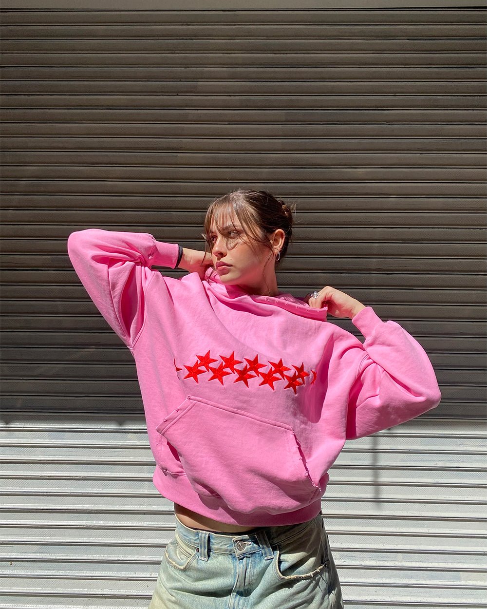 STARS HOODIE PANTHER PINK - pink oversized hoodie, street style shot - Cold Culture #woman