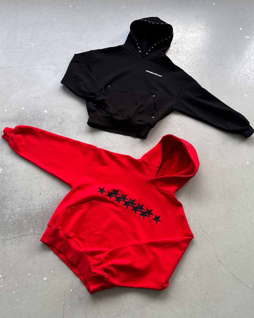 STARS HOODIE RED & BLACK - red star print hoodie, flat lay with matching pieces - Cold Culture