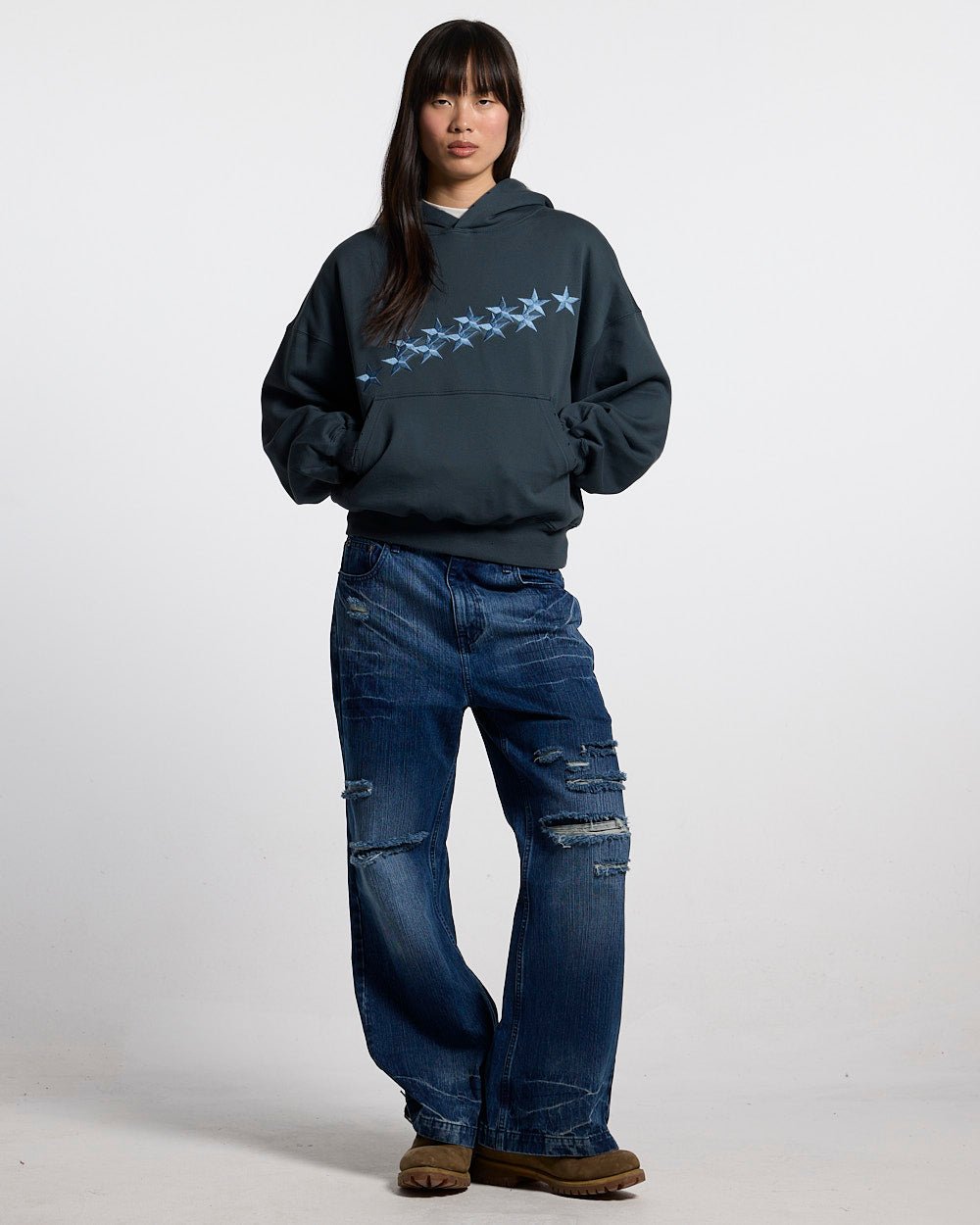 STARS HOODIE SLATE BLUE - slate blue oversized hoodie, front view on female model - Cold Culture #woman