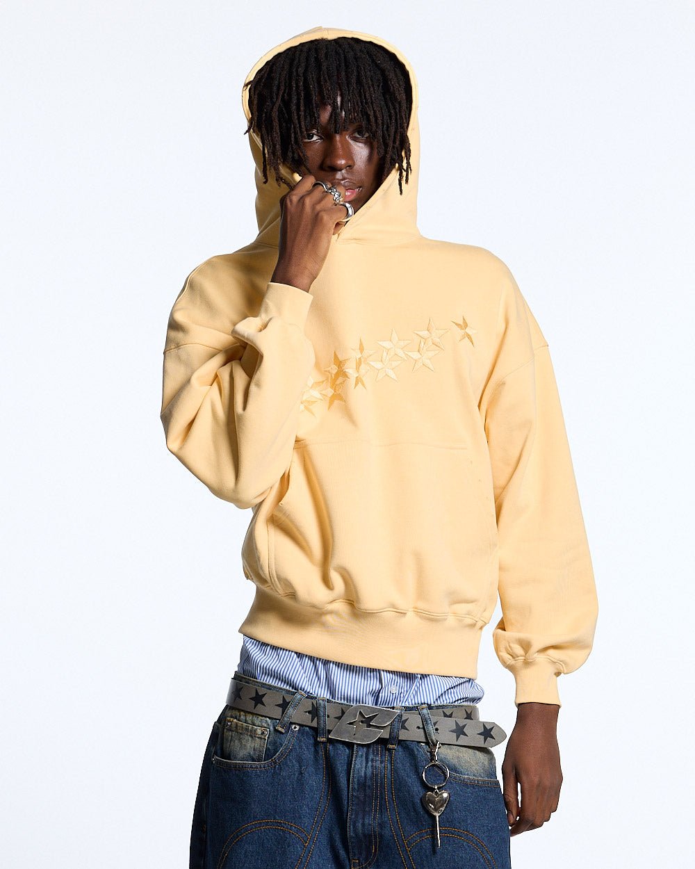 STARS HOODIE YELLOW - light yellow embroidered hoodie, front view on male model - Cold Culture #man